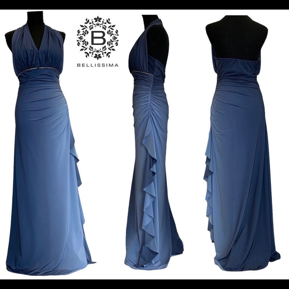 Bellissima Blue ombre halter top ruched side ruffle formal bridesmaid prom gown